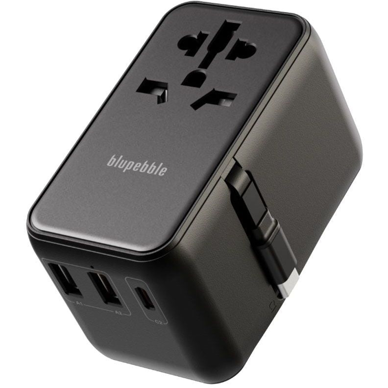 Blupebble Passport 6 World Travel Gan III Tech 70W Adapter/ USB-C & 2 USB-A Port with Retractable Cable - Black
