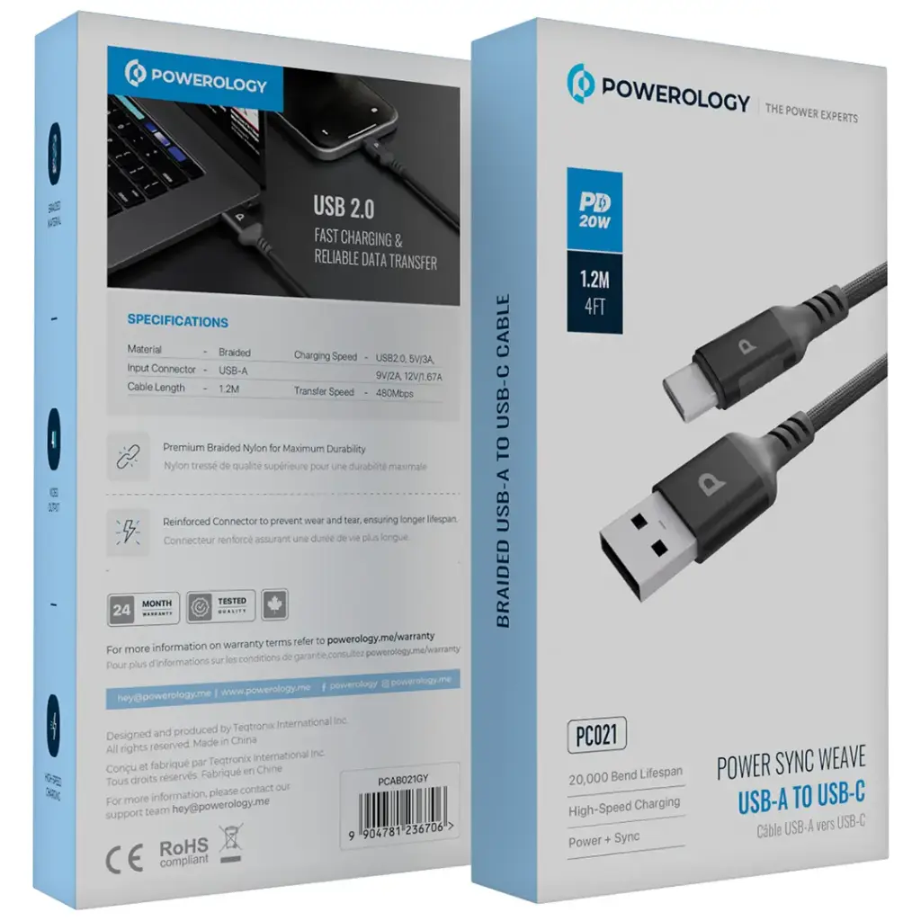 Powerology USB-A to USB-C Nylon Braided Cable 2M – Dark Grey