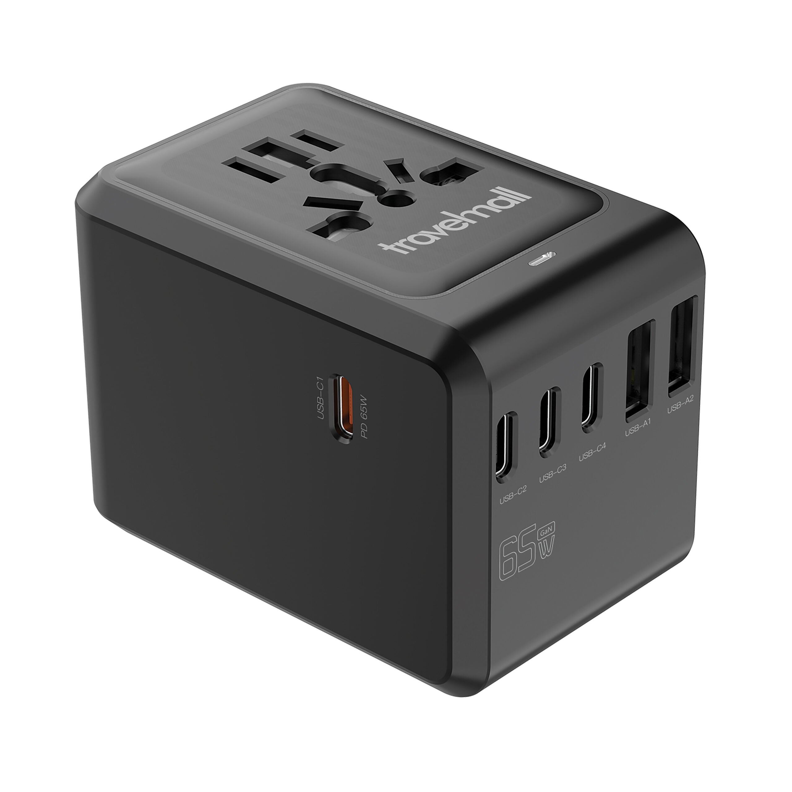 TRAVELMALL 65W GaN Travel Adapter (6 USB Ports) | PD Fast Charger for MacBook, iPhone & Android