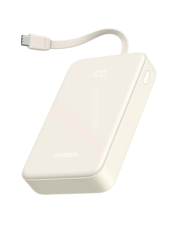 UGREEN 20000mAh 30W Power Bank Portable Battery with Built-in USB C Cable White